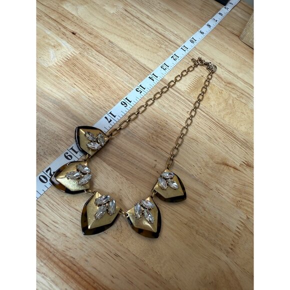 J.Crew Statement Necklace Gold & Black Leaf Design W/ Clear Rhinestones Adjustab - Picture 3 of 7